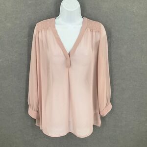 Chelsea 28 Top Women's Blouse Romantic‎ Smocked V-Neck Sheer Blush Pink Sz L
